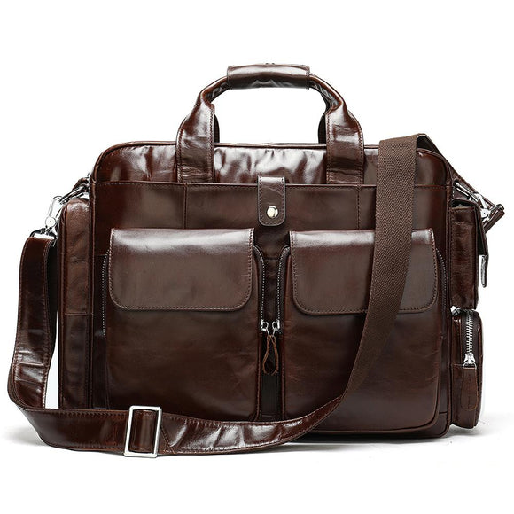 Men's Leather Briefcase Messenger Bag 14 Inch Laptop Shoulder Bag Large Volumn Business Briefcase With Trolley Belt