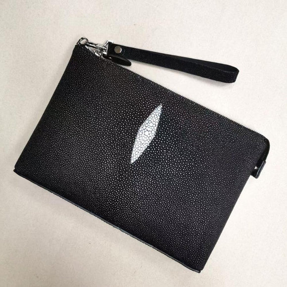 Men's Stingray Leather Envelop Business Zip Wallet With Wrist Removable Strap Clutch Bag