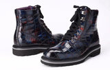 Mens Boots Genuine Crocodile Leather High-top Lace Up  Anti-Slip Boot Vintage Multi Blue