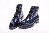 Mens Boots Genuine Crocodile Skin Leather High-top Lace Up  Anti-Slip Boot Vintage Blue