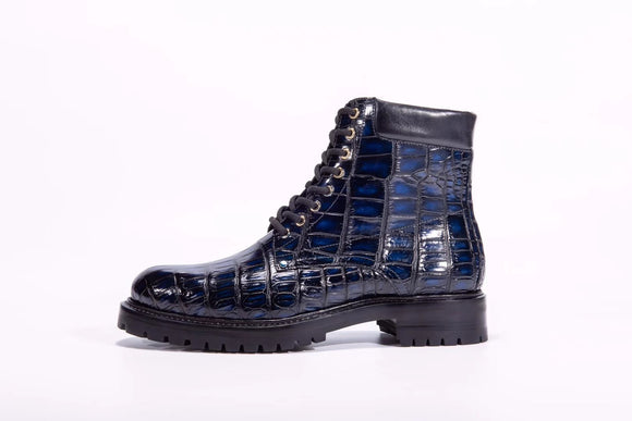 Mens Boots Genuine Crocodile Skin Leather High-top Lace Up  Anti-Slip Boot Vintage Blue