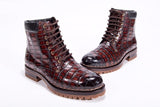 Mens Boots Genuine Crocodile Skin Leather High-top Lace Up  Anti-Slip Boot Wine Red