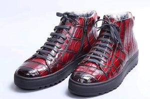 Mens Brushed Crocodile Leather Lace Up Boots Wine Red
