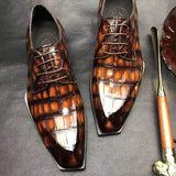 Mens Brushed Vintage Brown Color Square Toe Lace Up Genuine Crocodile Leather Dress Shoe