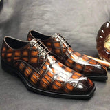 Mens Brushed Vintage Brown Color Square Toe Lace Up Genuine Crocodile Leather Dress Shoe
