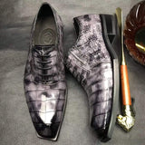 Mens Brushed Vintage Grey Color Square Toe Lace Up Genuine Crocodile Leather Dress Shoe