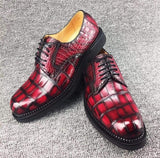 Mens Classic Formal Footwear Man Fashion Style Genuine Crocodile Leather Derby Lace-Up Dress Shoes Vintage Red