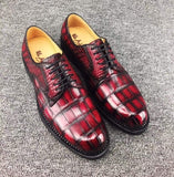 Mens Classic Formal Footwear Man Fashion Style Genuine Crocodile Leather Derby Lace-Up Dress Shoes Vintage Red