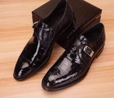 Mens Crocodile  Leather Black Monk Shoes Slip on Smart Loafer
