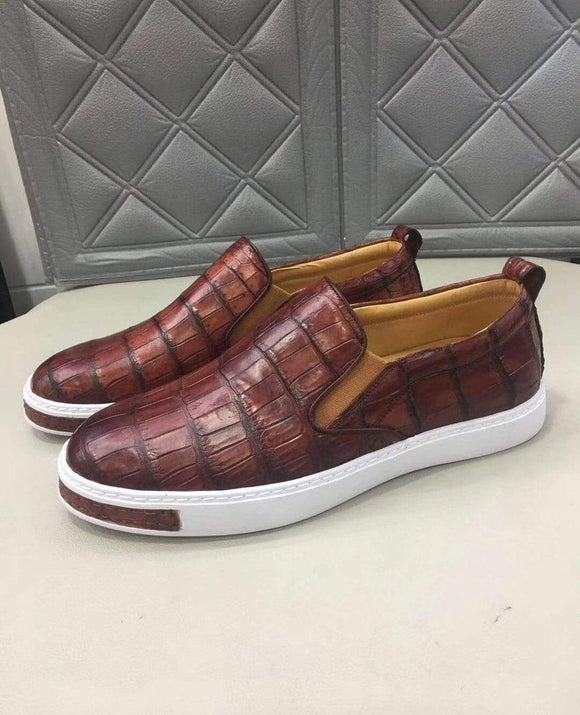 Mens Crocodile Leather Brown Driving Shoes  Slip on Flats Walking Shoes