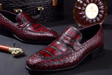 Mens Crocodile Leather Penny Loafer Shoes Vintage Wine Red