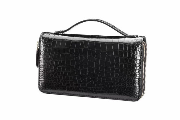 Mens Double Zipper Clutch Bags Crocodile Leather Men's Wallet Handy Long Wallets Black