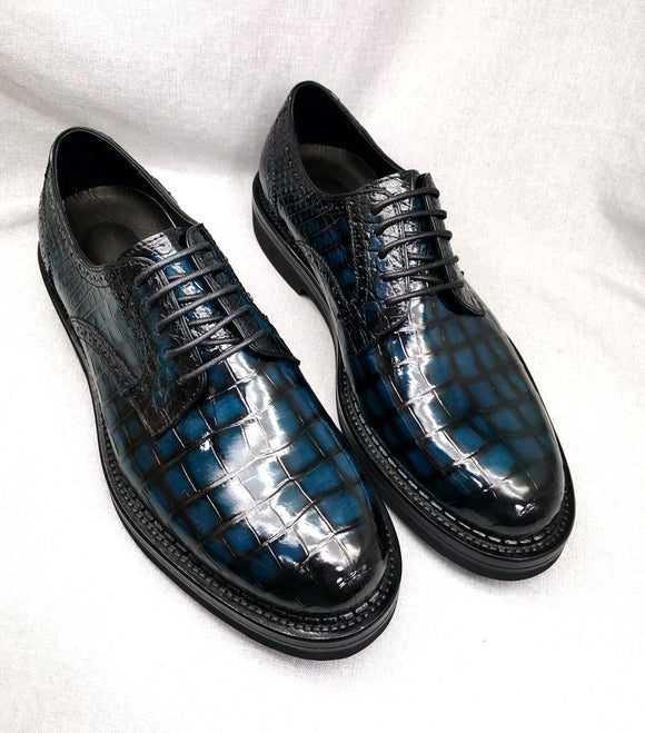 Mens Genuine Crocodile Leather Derby Lace Up Dress Shoe Vintage Blue