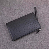 Mens Genuine Ostrich Leather Zipper Clutch  Bag Card Wallet With Wrist Handle