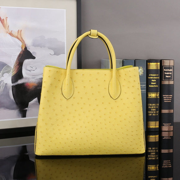Ostrich Leather Top Handle Shoulder Bags 32cm Yellow