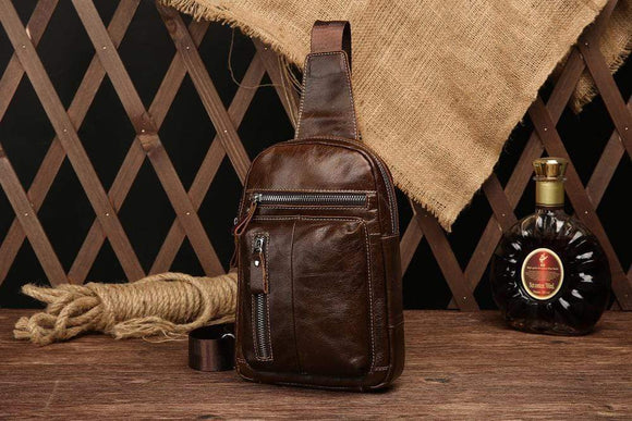 Rossie Viren Men Casual Genuine Leather Hiking Sling Chest Bag Business Travel Crossbody  Oil Wax Shoulder Bags