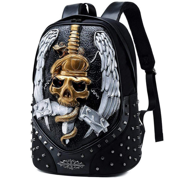 Studded Backpack Halloween 3D Elf With Sword Faux Leather Rivets Studded Travelling Computer Bags