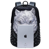 Studded Backpack Unisex 3D Angry Wolf  PU Leather Casual Laptop Rivet Backpack Large  School Bag