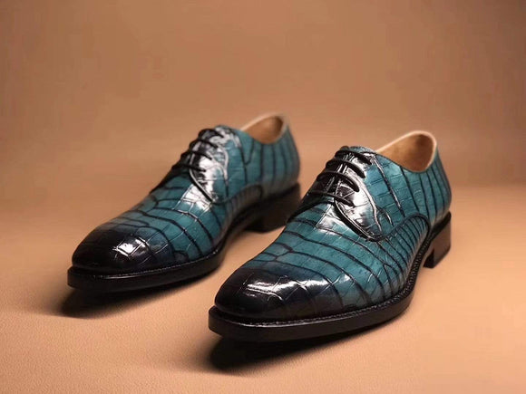 Turquoise Green Crocodile Leather Lace Up Shoes
