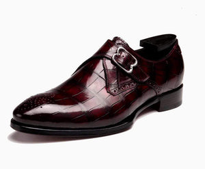 Wine Red Crocodile Leather Monk Strap Shoes