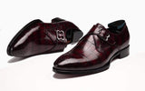 Wine Red Crocodile Leather Monk Strap Shoes