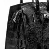 Women's Crocodile Leather Padlock Top Handle Handbags Black