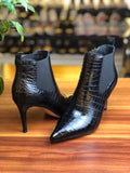 Women's Crocodile Leather Pointed Toe Ladies Mid Heeled Ankle Boots