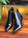 Women's Crocodile Leather Pointed Toe Ladies Mid Heeled Ankle Boots
