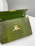 Women's High Glossy Beaded Crocodile Leather Top Handle  Cross Body Bag Vintage Green