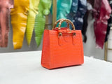 Women's Matt Crocodile Leather Bamboo Top Handle Bag Orange