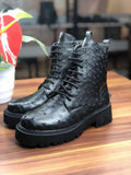 Women's Ostrich Leather Parker Combat Boots Black