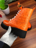 Women's Ostrich Leather Parker Combat Boots Orange