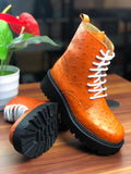 Women's Ostrich Leather Parker Combat Boots Orange