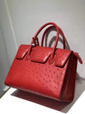 Womens Genuine Ostrich Leather Flap Over Zipper satchel Tote Bags