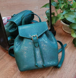Womens Green Mini Drawstring Stingray Leather Backpack, Genuine Stingray Leather Bag, Stingray Leather Backpack